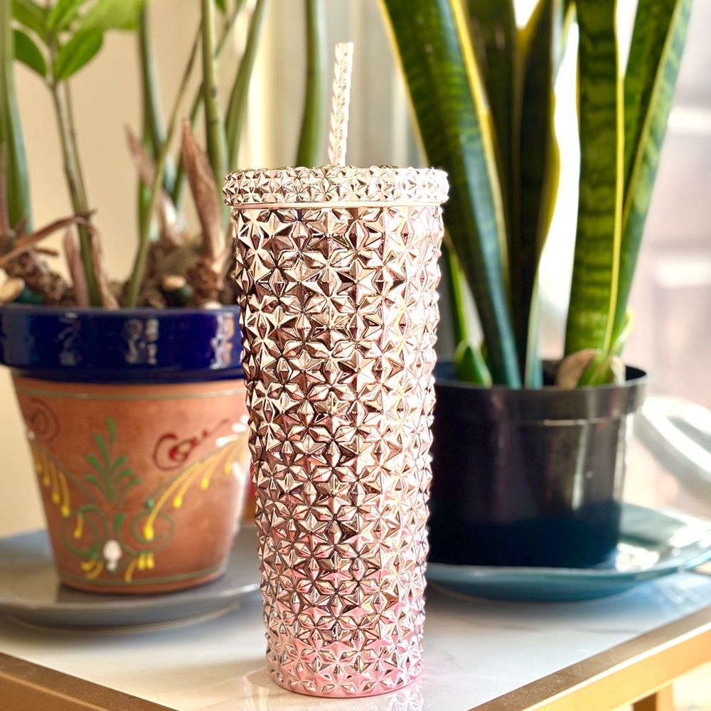 Pink Shiny Rose Gold Holiday Time Travel Tumbler Cup
